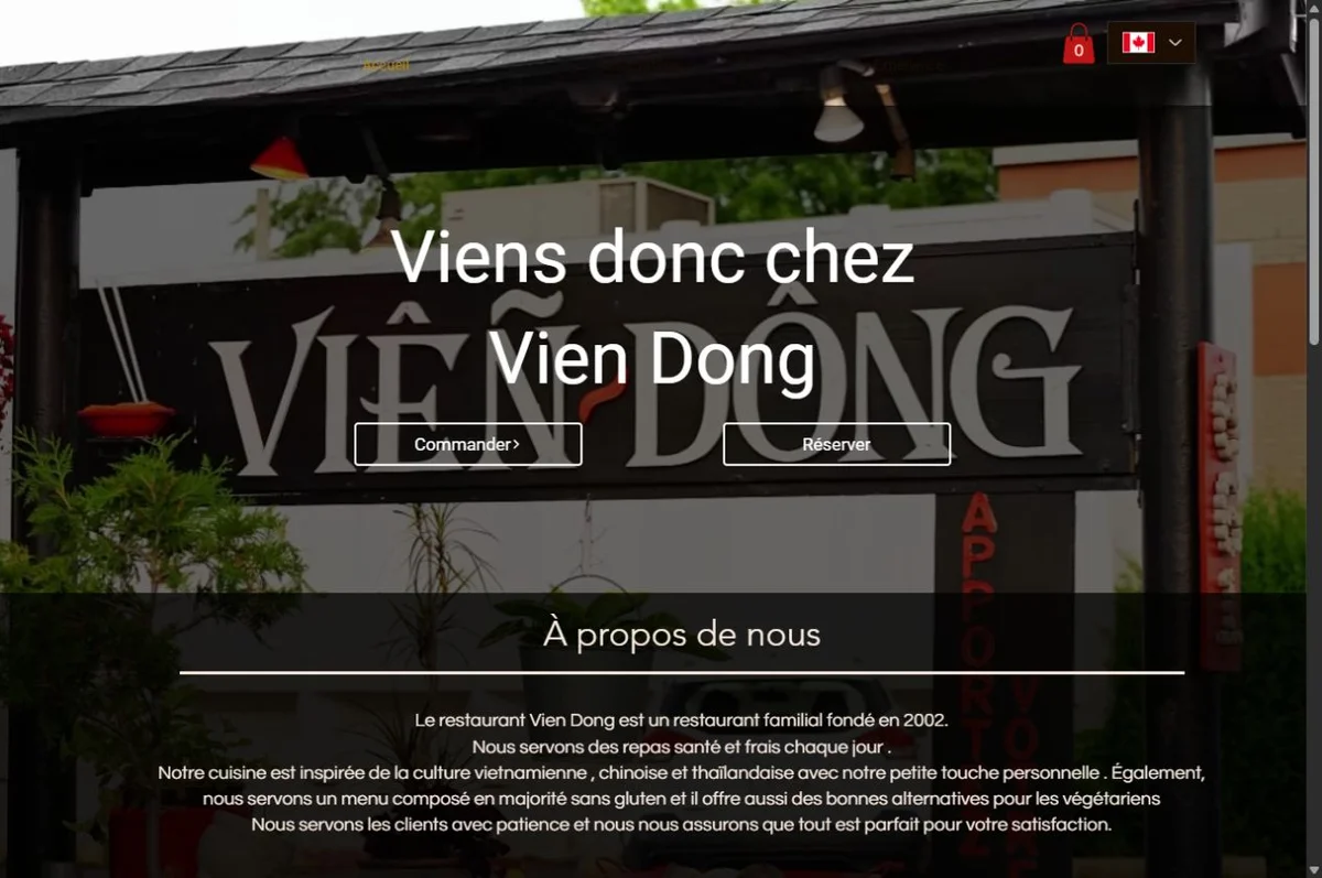 Aperçu du site Restaurant Vien Dong : accueil, commande et réservation.